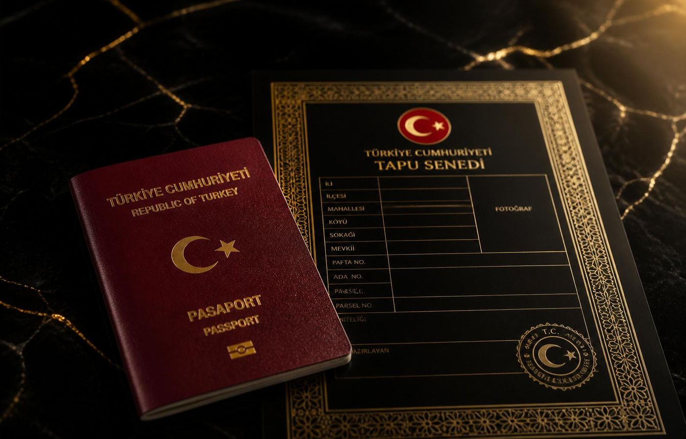 Turkish passport and title deed on black marble